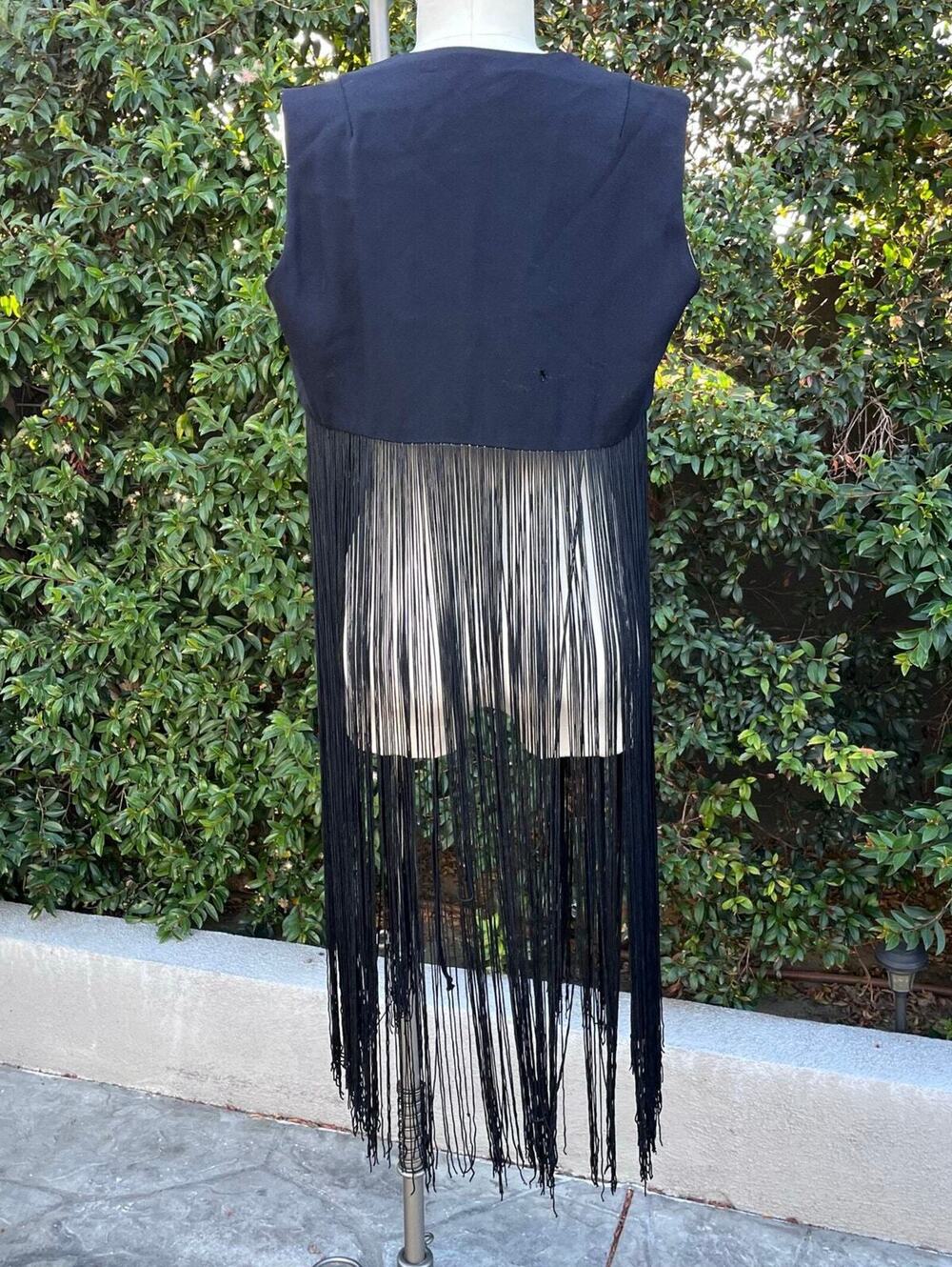 Vintage Black Fringe Vest Long Tassel Open Front Boho Festival Layering Piece